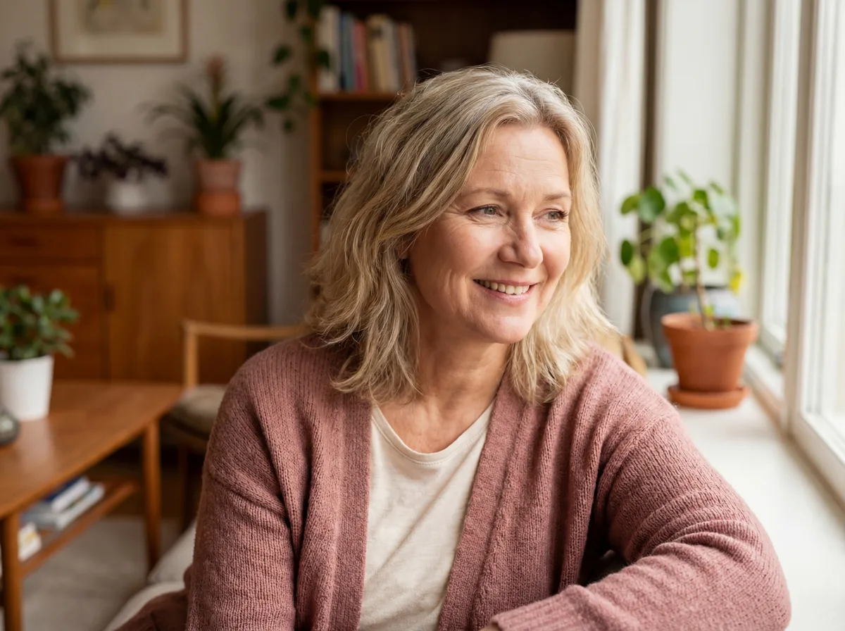 Vrouw van 50 glimlacht comfortabel