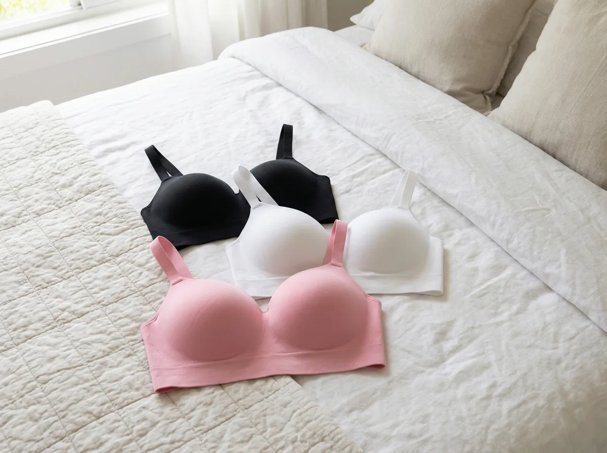 Drie draadloze BH's in zwart, wit en roze