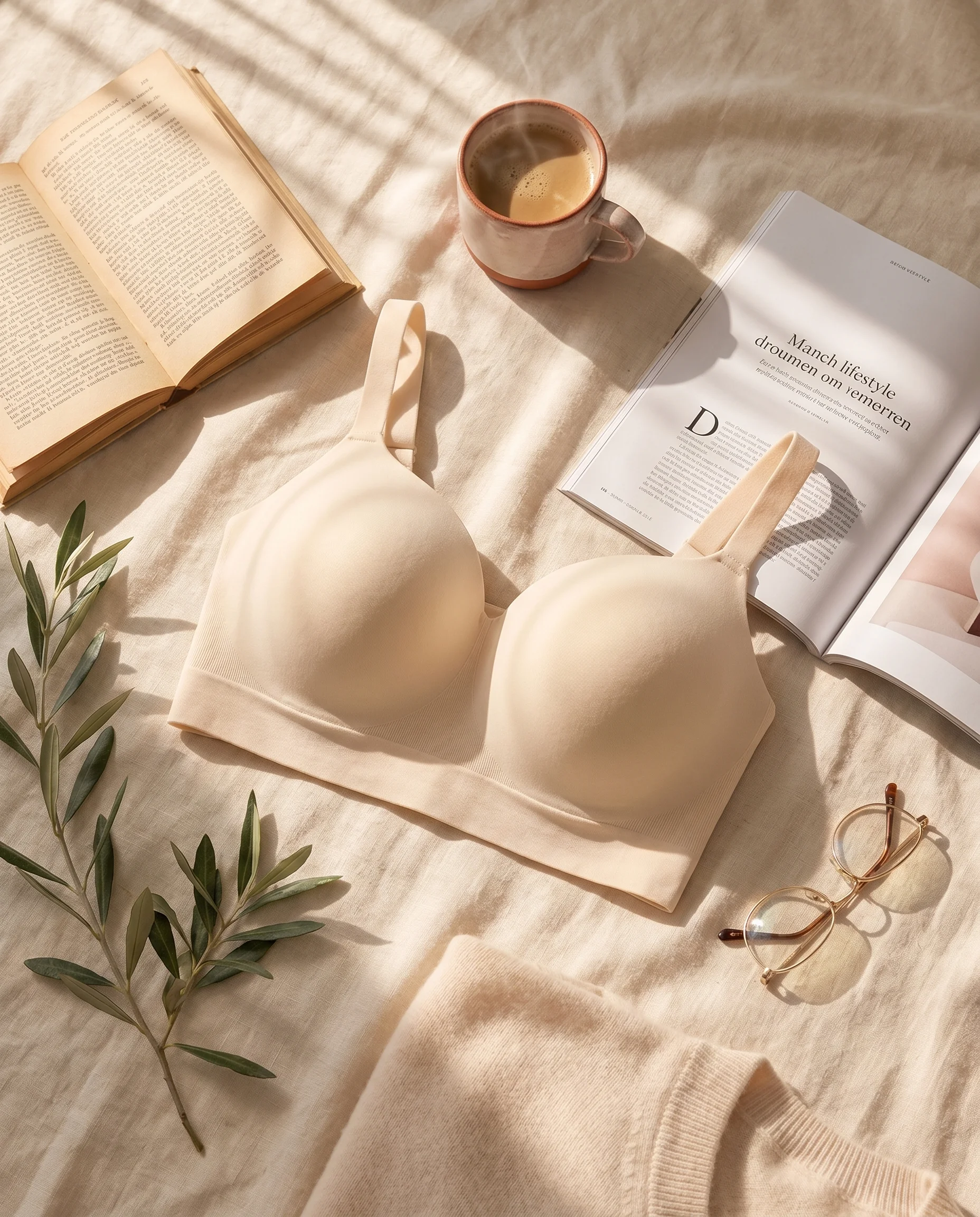 Editorial flatlay: gevouwen BH, magazine en koffie in warm middaglicht