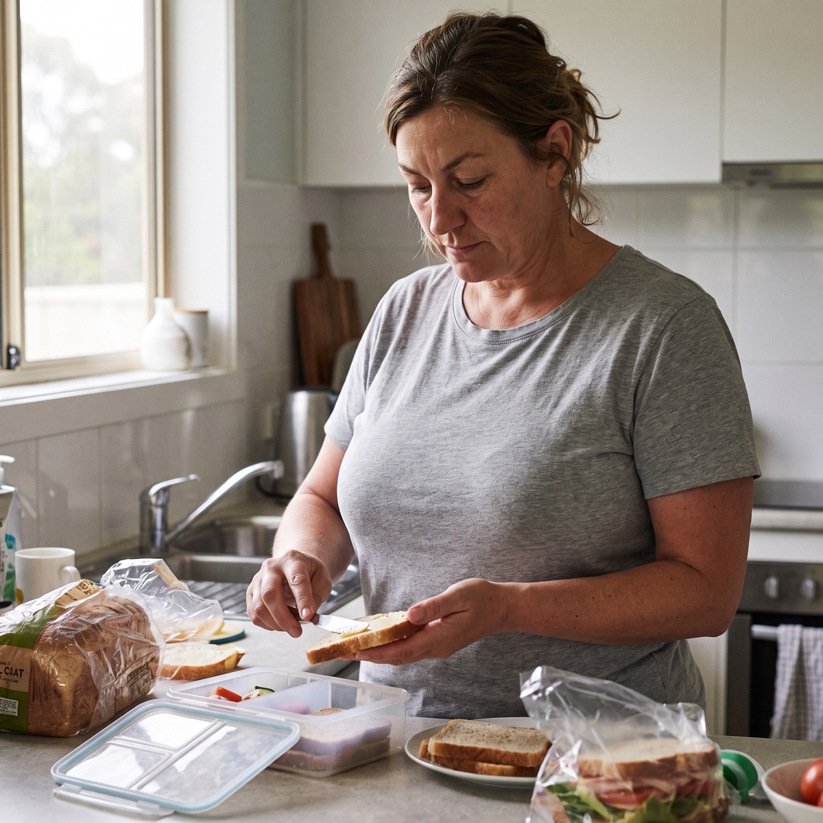 Een vrouw maakt 's ochtends brood klaar in de keuken